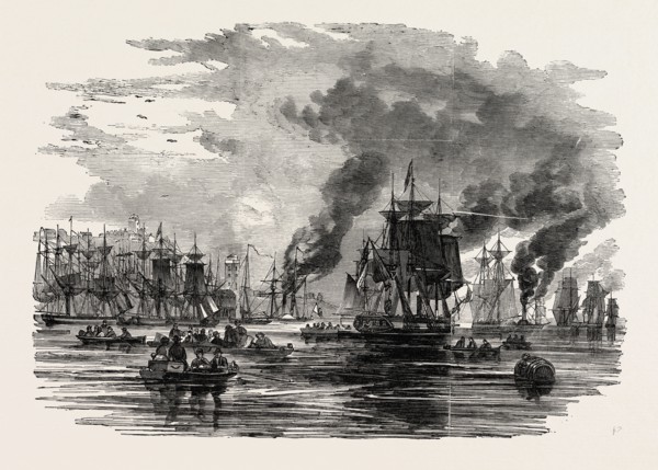 COLLIERS LEAVING THE HARBOUR, NORTH SHIELDS, AFTER THE BREAKING UP OF THE STRIKE, UK, 1851