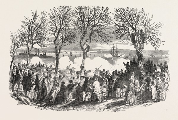 SALUTING THE ST. LAWRENCE, ON HER NEARING SOUTHAMPTON DOCK, UK, 1851 engraving