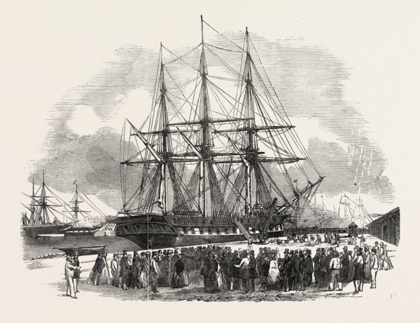 THE ST. LAWRENCE, IN SOUTHAMPTON DOCK, UNLOADING GOODS FOR THE GREAT EXHIBITION, UK, 1851 engraving