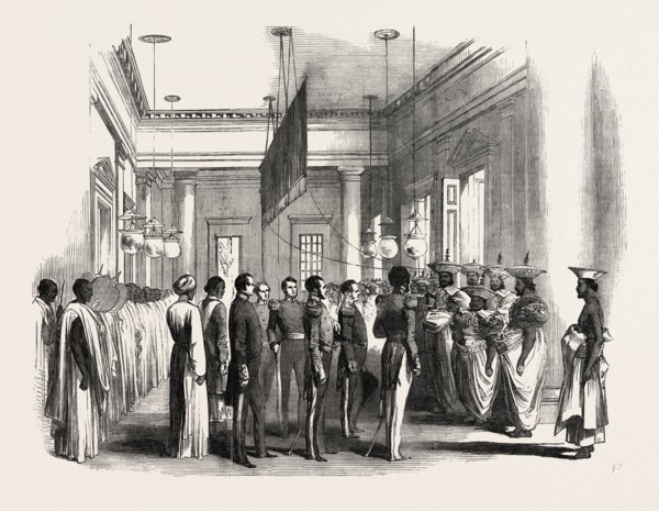 INTERVIEW OF THE NEW GOVERNOR OF CEYLON WITH THE NATIVE CHIEFS, AT KANDY, SRI LANKA, 1851 engraving