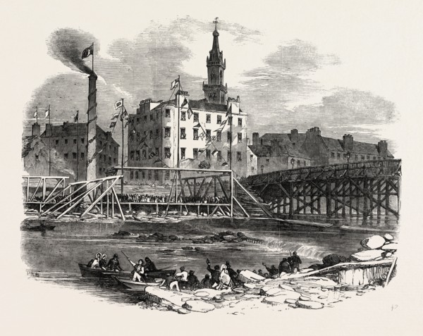 LAYING THE FIRST STONE OF TILE VICTORIA BRIDGE, GLASGOW, UK, 1851 engraving