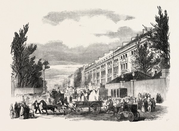 THE GREAT EXHIBITION, LAST DAY OF RECEIVING GOODS, LONDON, UK, 1851 engraving