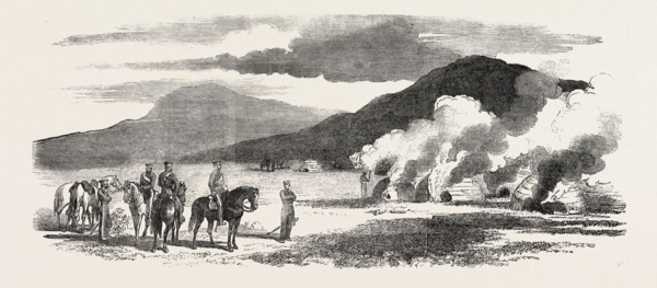 THE KAFFIR WAR: PART OF COLONEL MACKINNON'S PATROL OF THE CAPE CORPS BURNING THE KRAALS OF A REBEL