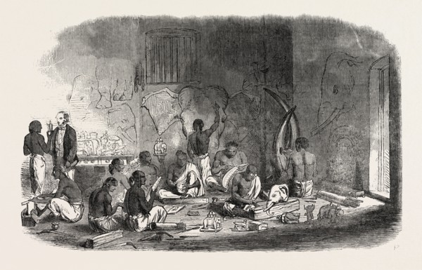 IVORY-CUTTERS AT BERHAMPOOR, BRAHMAPUR, (BENGAL), INDIA, FOR THE GREAT EXHIBITION IN LONDON, UK,