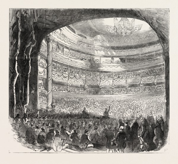 GREAT PROTECTIONIST DEMONSTRATION IN DRURY LANE THEATRE, LONDON, UK, 1851 engraving