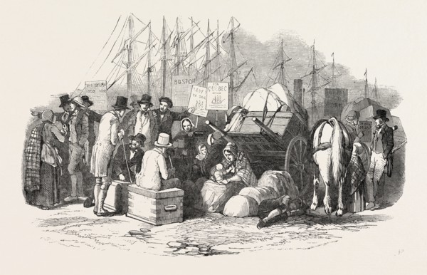 ARRIVAL OF EMIGRANTS AT CORK, A SCENE ON THE QUAY, IRELAND, 1851 engraving