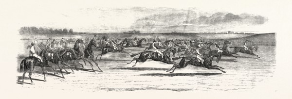 RACE HORSES STARTING AT THE DERBY, 1851 engraving