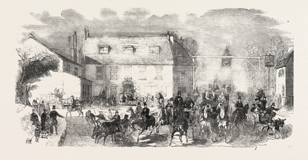 SKETCH ON THE ROAD, THE COCK INN, SUTTON, UK, 1851 engraving