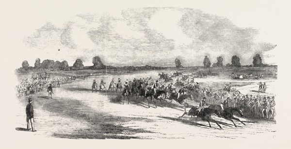 RACE HORSES GOING ROUND TATTENHAM CORNER, 1851 engraving