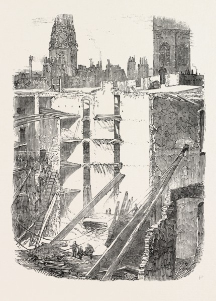 REMAINS OF THE FALLEN PREMISES IN GRACECHURCH STEEET, LONDON, UK, 1851 engraving