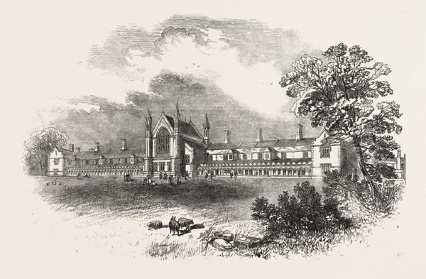 ST. PETER'S HOSPITAL, EAST HILL, WANDSWORTH, FROM THE RAILWAY, UK, 1851 engraving