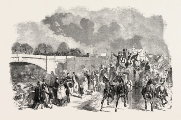 ASCOT RACES, 1851, SKETCH ON THE ROAD, STAINES BRIDGE, UK, HORSE RACING, EQUESTRIAN, 1851 engraving