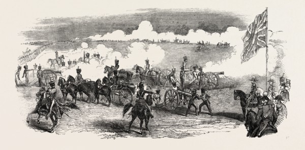 BRITISH ROYAL HORSE ARTILLERY, BATTERY IN ACTION, UK, 1851 engraving