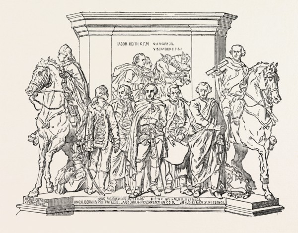 STATUE OF FREDERICK THE GREAT, END OF PEDESTAL, BERLIN, GERMANY, 1851 engraving
