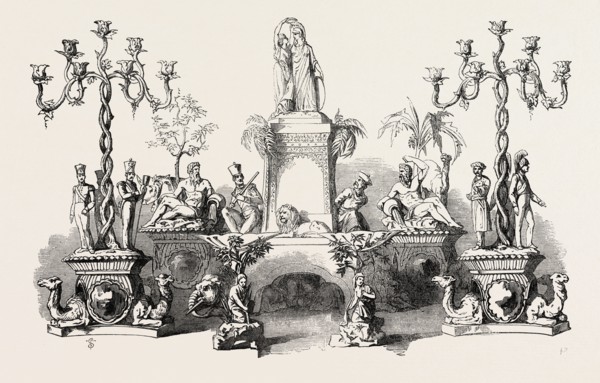 GROUP OF PLATE PRESENTED TO LORD ELLENBOROUGH, EXHIBITED BY HUNT AND ROSKELL, 1851 engraving