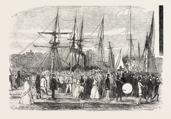 LANDING OF MESSRS. GARRATT'S WORKMEN, AT HORSEFERRY ROAD, ON THEIR VISIT TO THE GREAT EXHIBITION,
