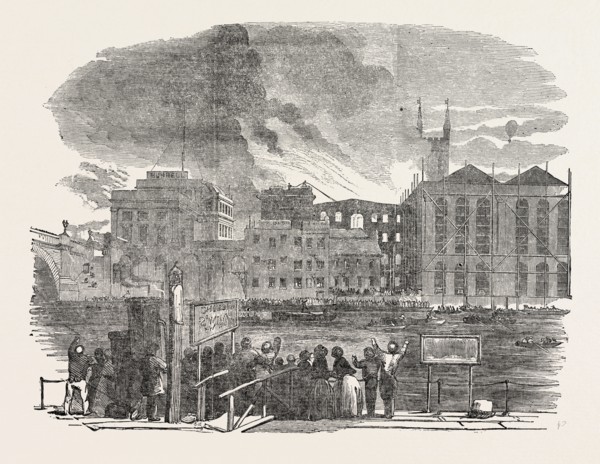 DESTRUCTIVE FIRE AT HIBERNIA WHARF, SOUTHWARK, LONDON, UK, 1851 engraving