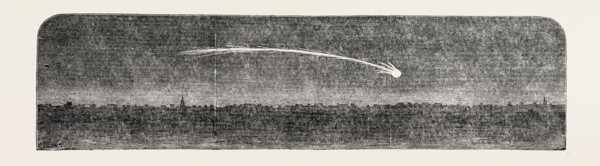 REMARKABLE METEOR SEEN FROM THE LONDON AND BLACKWALL EXTENSION RAILWAY, UK, 1851 engraving