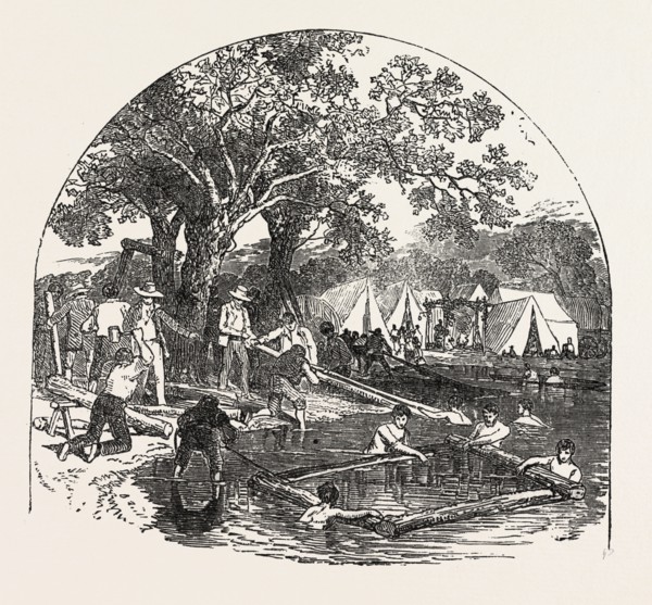 FORMATION OF A BRIDGE BY THE MORMONS, 1851 engraving