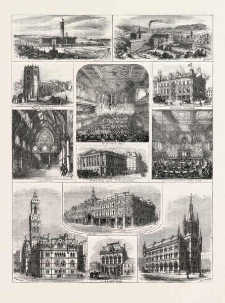 OPENING OF THE NEW TOWN HALL AT BRADFORD, UK; MANNINGHAM MILLS, SALTAIRE, PARISH CHURCH, MECHANICS'
