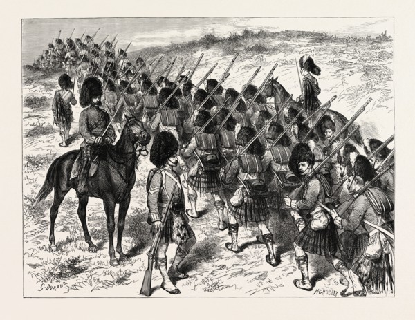 THE 93RD HIGHLANDERS ON THE MARCH, 1873 engraving