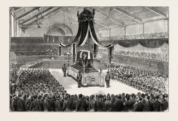 THE FUNERAL OF THE DUKE OF BRUNSWICK AT GENEVA: THE SERVICE IN THE HALL OF THE REFORMATION,