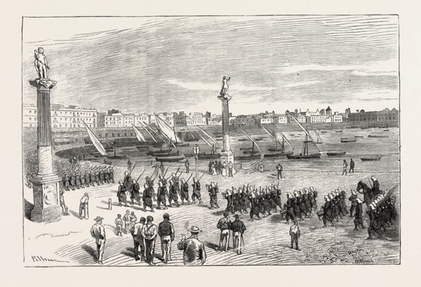 THE CIVIL WAR IN SPAIN: GENERAL PAVIA'S TROOPS ENTERING CADIZ, 1873 engraving