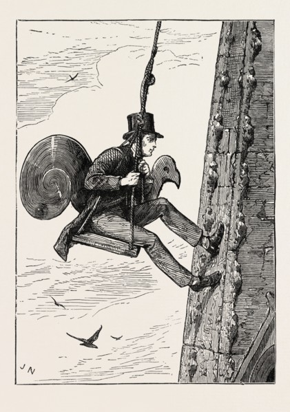 THE VICAR ASCENDING THE STEEPLE, ASHBOURNE CHURCH, DERBYSHIRE, UK, 1873 engraving