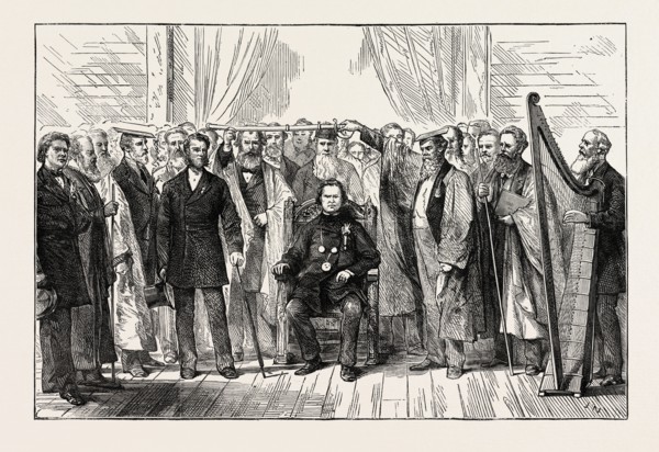 THE MOLD EISTEDDFOD: CHAIRING THE BARD, WALES, UK, 1873 engraving