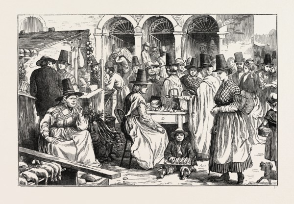 THE MOLD EISTEDDFOD: HOLYHEAD MARKET, WALES, UK, 1873 engraving