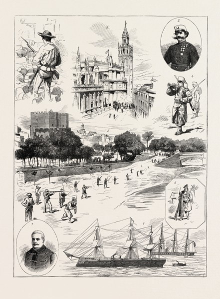THE CIVIL WAR IN SPAIN: 1. A SEVILLE INSURGENT. 2. BARRICADE CLOSE TO THE CATHEDRAL, SEVILLE. 3.