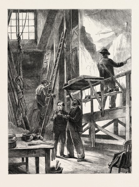 A SCENE PAINTER'S STUDIO: PREPARING FOR CHRISTMAS, SKETCHED AT THE HAYMARKET THEATRE, LONDON, UK,