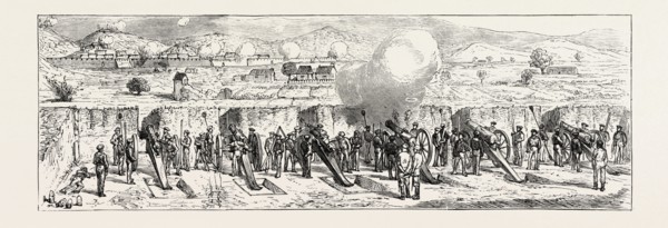 THE CARTAGENA INSURRECTION, SPAIN: THE BOMBARDMENT, GOVERNMENT BATTERY OF 70lb. BRONZE GUNS NEAREST