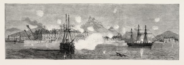 THE CARTAGENA INSURRECTION, SPAIN: THE BOMBARDMENT, INSURGENT FRIGATES FIRING FROM THE HARBOUR ON