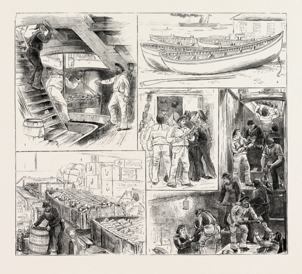 THE ASHANTEE WAR: SHIPPING STORES AND WAR MATERIAL AT WOOLWICH FOR THE GOLD COAST: 1. Stowing the