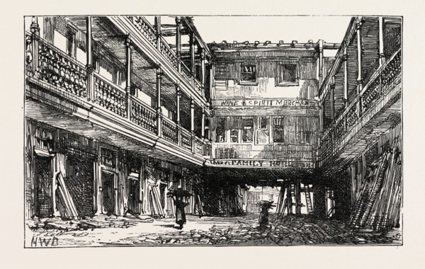 THE FOUR SWANS INN, BISHOPSGATE STREET, SKETCHED DURING THE RECENT DEMOLITION, LONDON, UK, 1873