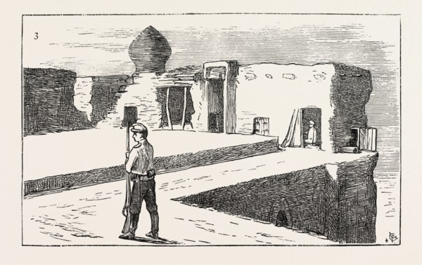 THE RUSSIAN EXPEDITION TO KHIVA: Sentinel on the walls of the fortress Chasar Asp., 1873 engraving