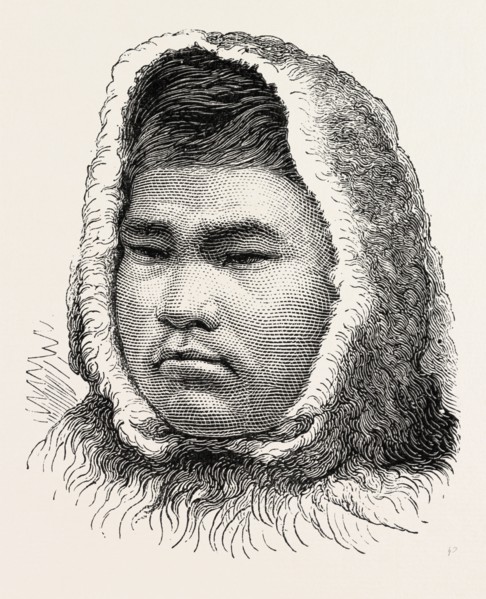 OCCOCOK, ESQUIMAUX RESCUED BY CAPTAIN ALLAN FROM AN ICE FLOE, 1873 engraving