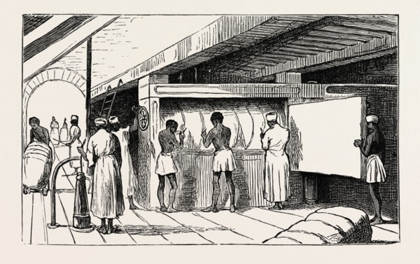 INTERIOR OF SHUNA: THE HYDRAULIC PRESS, BANDING THE BALES, EGYPT, 1873 engraving