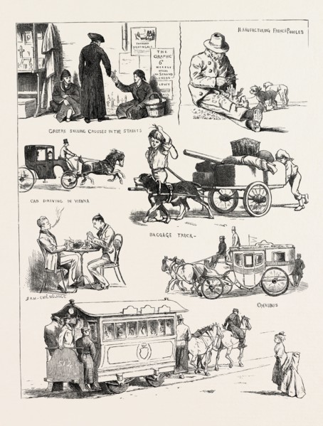 VIENNA, AUSTRIA: GREEKS SELLING CROSSES IN THE STREETS, CAB DRIVING, A DOG PULLING A CART, OMNIBUS,