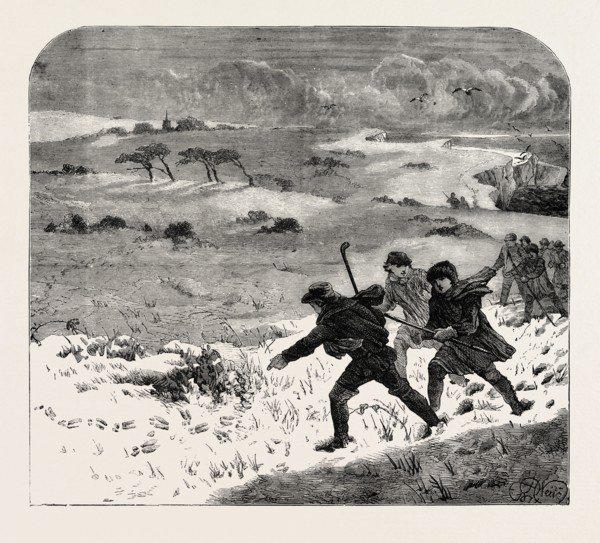 TRACKING RABBITS THROUGH THE SNOW, 1873 engraving