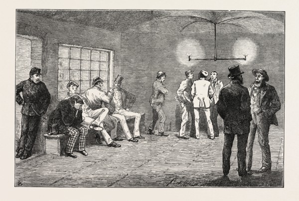 IN THE CELLARS AT NEWGATE: PRISONERS WAITING FOR THE COURT TO OPEN, LONDON, UK, 1873 engraving