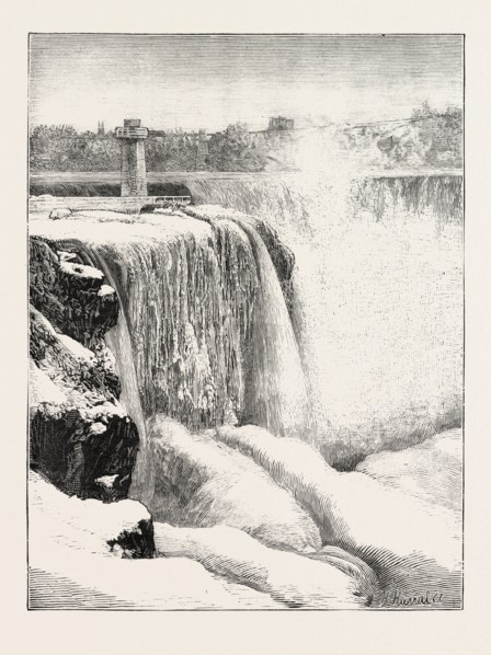 THE NIAGARA FALLS IN WINTER TIME: HORSE-SHOE FALL AND PROFILE ROCK, 1873 engraving