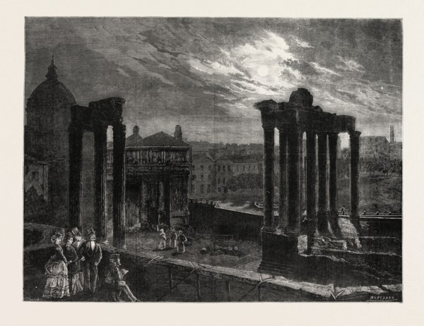 THE ROMAN FORUM BY MOONLIGHT, ITALY, 1873 engraving