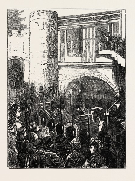 ARRIVAL OF THE SHAH AT THE TOWER, LONDON, UK, 1873 engraving