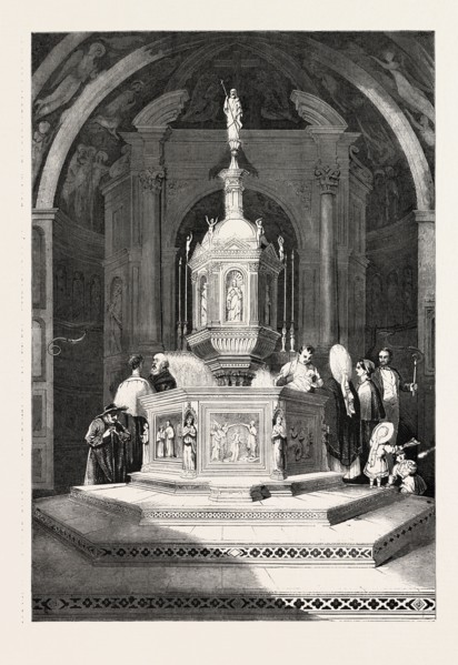 THE FONT IN THE BAPTISTERY OF SIENNA CATHEDRAL, 1860 engraving