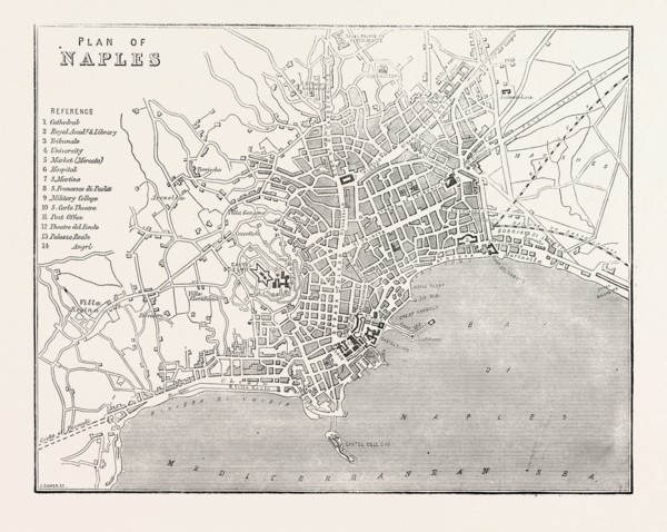 MAP OF NAPLES, ITALY, 1860 engraving