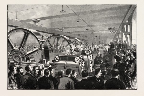 OPENING OF THE LIVERPOOL DOCKS OVERHEAD ELECTRIC RAILWAY: LORD SALISBURY TURNING ON THE ELECTRIC