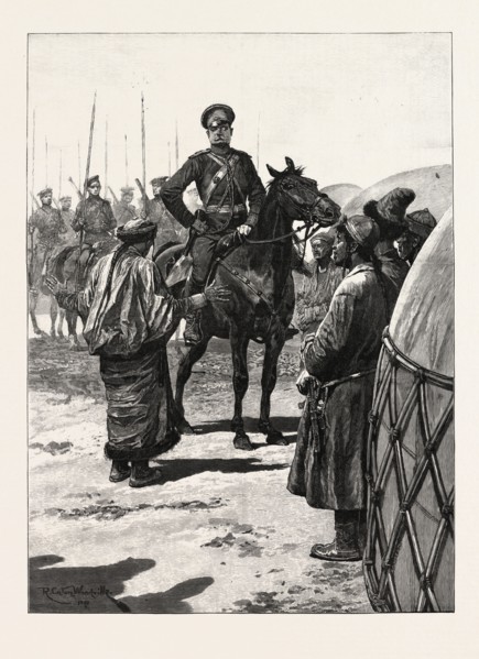 ADVANCE OF RUSSIAN CIVILISATION: A SOTNIA OF COSSACKS AT A VILLAGE IN CHINESE TARTARY