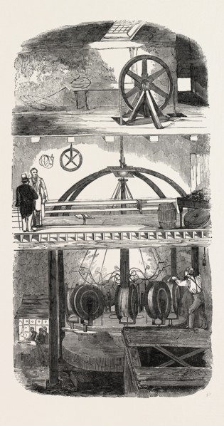 SECTION OF THE MANUFACTORY, SHOWING THE PROGRESS OF THE ROPE FROM THE GROUND FLOOR TO THE WHEEL IN